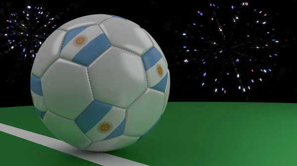 Fotbalový míč s vlajkou Argentiny přes brankovou čáru pod salute, vykreslování 3d objektů. — Stock fotografie