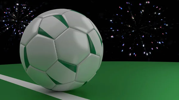Fotbalový míč s vlajka Nigérie překročí brankovou čáru pod salute, vykreslování 3d objektů. — Stock fotografie