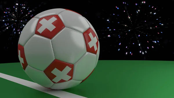 Fotbalový míč s vlajka Švýcarska přes brankovou čáru pod salute, vykreslování 3d objektů. — Stock fotografie