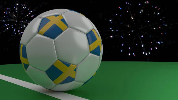 Fotbalový míč s vlajkou Švédska přes brankovou čáru pod salute, vykreslování 3d objektů. — Stock fotografie