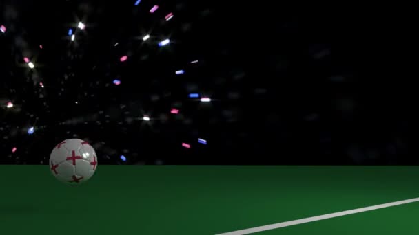 Fotboll med flagga England korsar linjen av fotbollsmål, 3d-rendering, prores footage. — Stockvideo