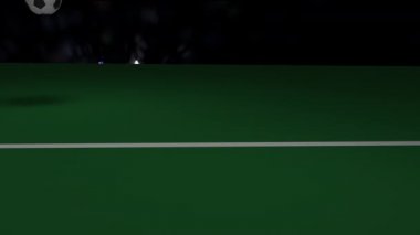 Gerçekçi siyah beyaz futbol topu futbol sahasında atlar ve haçlar Gol çizgisini, 3d render, 4 k prores görüntüleri.