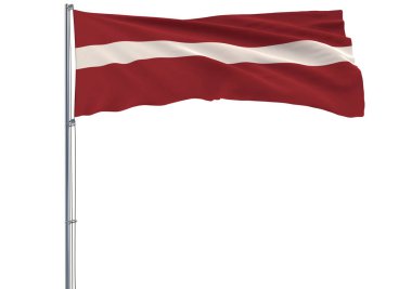 Beyaz bir arka planda 3d render rüzgarda çırpınan bir bayrak direğine Letonya bayrağı izole