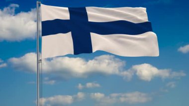 Finlandiya bayrağı mavi gökyüzü üzerinde yüzen bulutlar çerçevede
