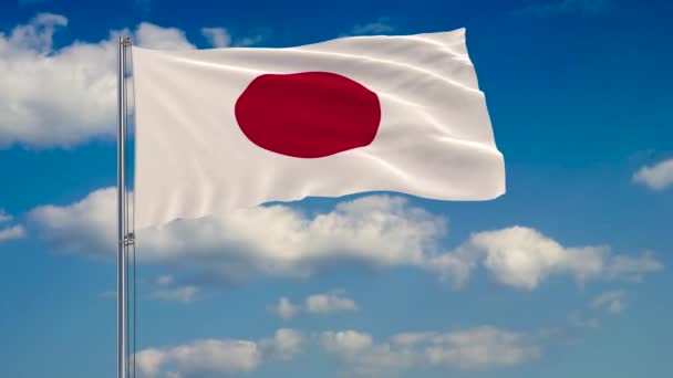 Флаг Японии Фоне Облаков Плавающих Голубом Небе — стоковое видео