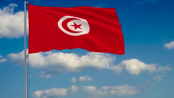 Σημαία της Τυνησίας στο πλαίσιο των νεφών που επιπλέουν στο μπλε ουρανό — Αρχείο Βίντεο