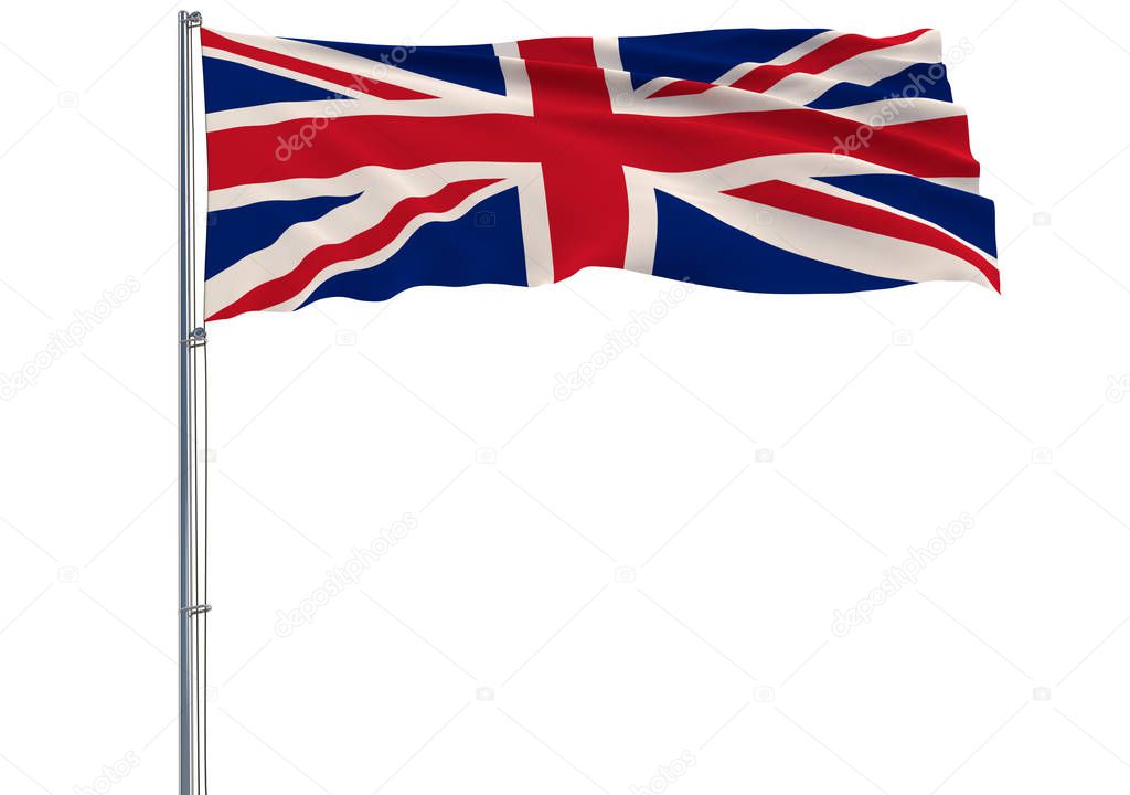 Isolate flag of Great Britain on a flagpole fluttering in the wind on a white background, 3d rendering