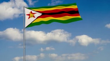 Zimbabve bayrağı mavi gökyüzü üzerinde yüzen bulutlar çerçevede