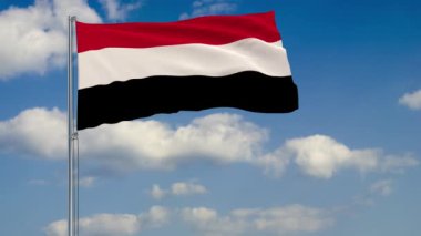 Yemen bayrağı mavi gökyüzü üzerinde yüzen bulutlar çerçevede