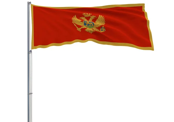 Vlag Van Montenegro Een Vlaggenmast Wapperen Wind Een Witte Achtergrond — Stockfoto