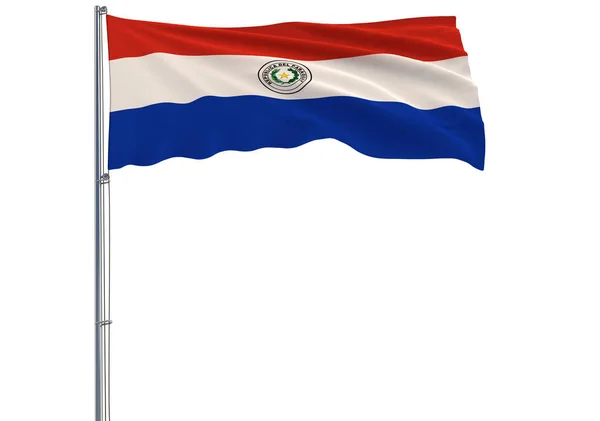 在白色背景的旗杆上飘扬着巴拉圭的一面旗帜 — 图库照片