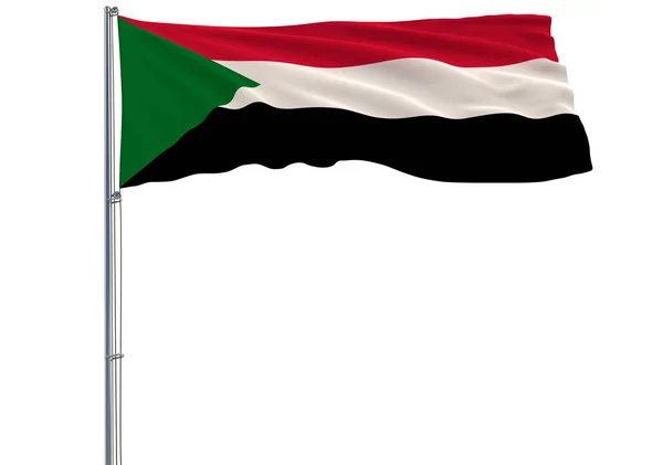 Aislar Bandera Sudán Asta Bandera Ondeando Viento Sobre Fondo Blanco — Foto de Stock