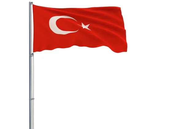 Isolierte Flagge Der Türkei Einem Fahnenmast Die Wind Auf Weißem — Stockfoto