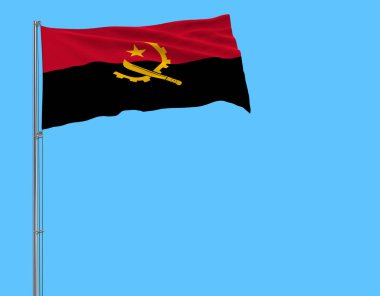 Angola bayrağı mavi arka plan, 3d render rüzgarla içinde çırpınan bir bayrak direği üzerinde izole