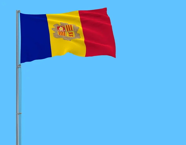 Isolar Bandeira Andorra Mastro Bandeira Que Flutua Vento Fundo Azul — Fotografia de Stock