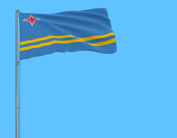 Aislar Bandera Aruba Asta Bandera Ondeando Viento Sobre Fondo Azul — Foto de Stock
