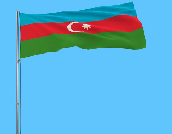 Flag Azerbaijan Flagpole Fluttering Wind Pure Blue Background Rendering — Stock Photo, Image