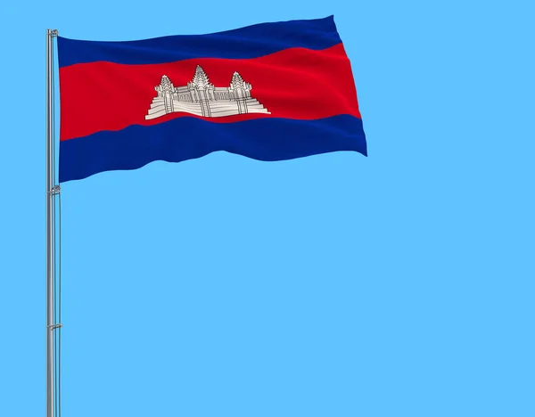 Aislar Bandera Camboya Asta Bandera Ondeando Viento Sobre Fondo Azul —  Fotos de Stock