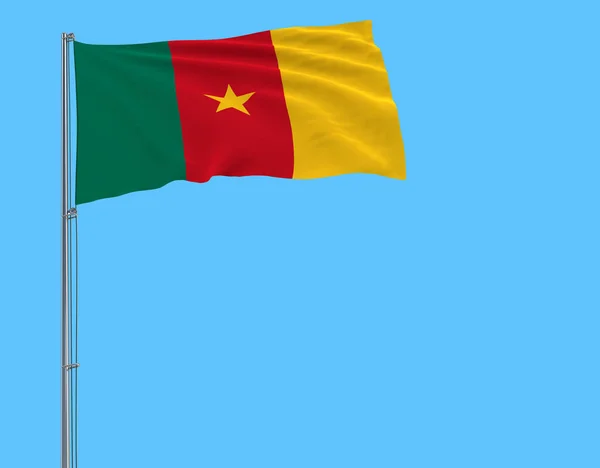 Vlajka Kamerunu Stožáru Vlaje Větru Čistě Modré Pozadí Vykreslování — Stock fotografie