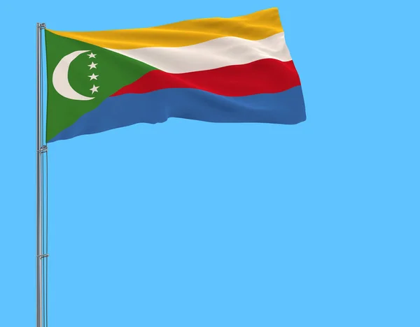 Aislar Bandera Comoras Asta Bandera Ondeando Viento Sobre Fondo Azul — Foto de Stock