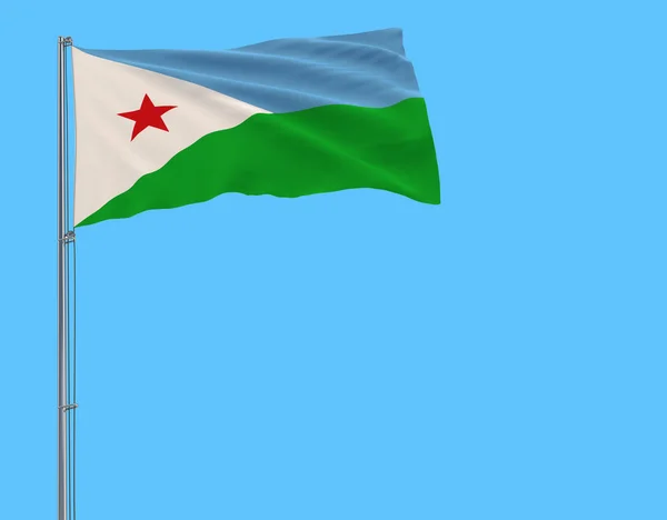 Džibutská Vlajka Stožáru Vlaje Větru Čistě Modré Pozadí Vykreslování — Stock fotografie