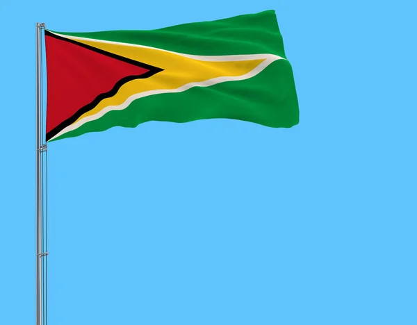 Flag Guyana Flagpole Fluttering Wind Pure Blue Background Rendering — Stock Photo, Image