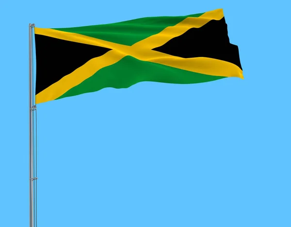 Флаг Ямайки Флагштоке Развевается Ветру Синем Фоне Рендеринг — стоковое фото