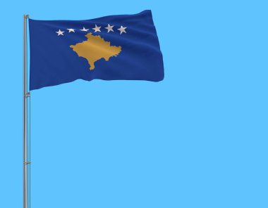 Kosova bayrağı mavi arka plan, 3d render rüzgarla içinde çırpınan bir bayrak direği üzerinde izole
