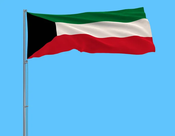 Bandera Kuwait Asta Bandera Ondeando Viento Sobre Fondo Azul Puro — Foto de Stock