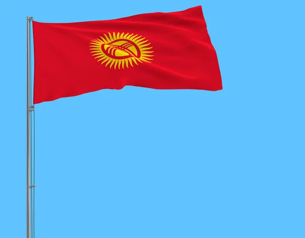 Aislar Bandera Kirguistán Asta Bandera Ondeando Viento Sobre Fondo Azul — Foto de Stock
