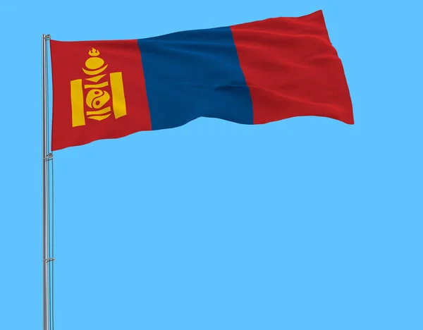 Aislar Bandera Mongolia Asta Bandera Ondeando Viento Sobre Fondo Azul — Foto de Stock