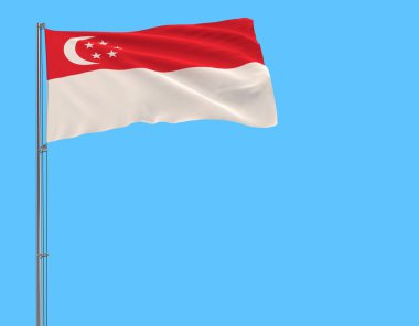 Mavi arka plan, 3d render rüzgarla içinde çırpınan bayrak direğine Singapur bayrağı