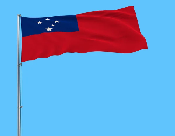 Flag Samoa Flagpole Fluttering Wind Pure Blue Background Rendering — Stock Photo, Image