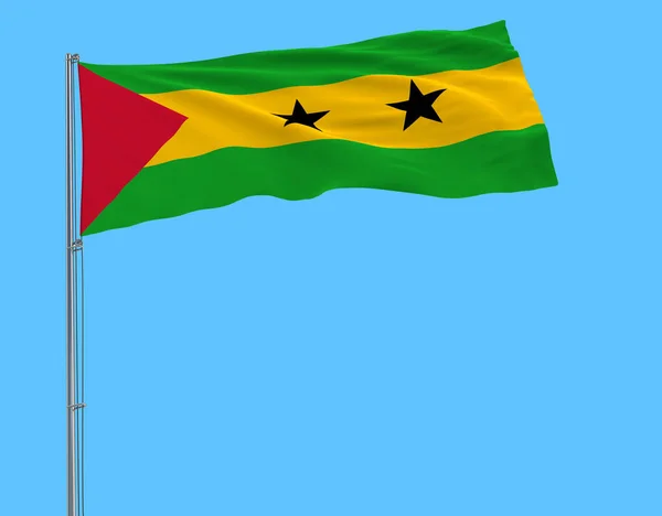 Flag Sao Tome Principe Flagpole Fluttering Wind Pure Blue Background — Stock Photo, Image