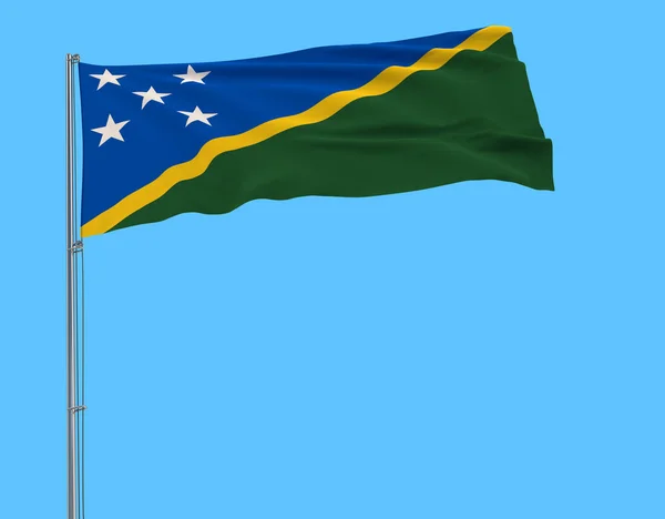 Изолировать Флаг Соломоновых Островов Флагштоке Развевающемся Ветру Синем Фоне Рендеринг — стоковое фото