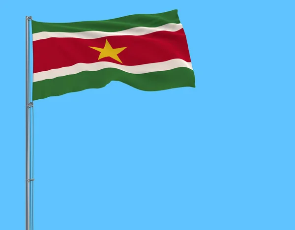 Isolar Bandeira Suriname Mastro Bandeira Que Flutua Vento Fundo Azul — Fotografia de Stock