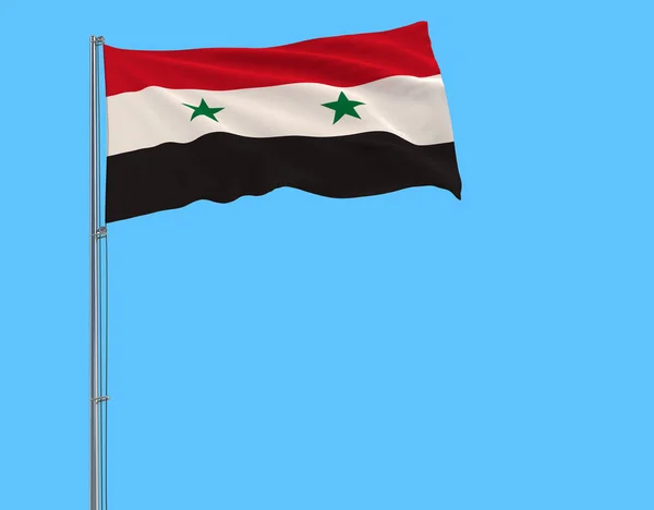 Flag Syria Flagpole Fluttering Wind Pure Blue Background Rendering — Stock Photo, Image