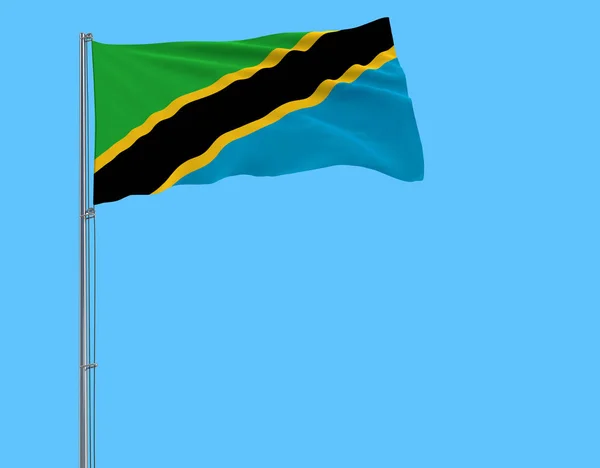 Bandera Tanzania Asta Bandera Ondeando Viento Sobre Fondo Azul Puro —  Fotos de Stock