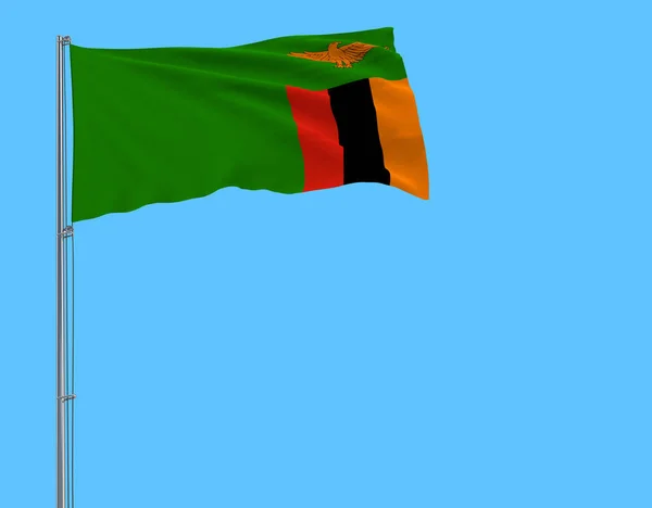 Aislar Bandera Zambia Asta Bandera Ondeando Viento Sobre Fondo Azul —  Fotos de Stock