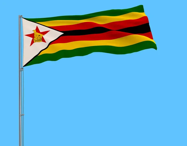 Флаг Зимбабве Флагштоке Развевающемся Ветру Чистом Голубом Фоне Рендеринг — стоковое фото