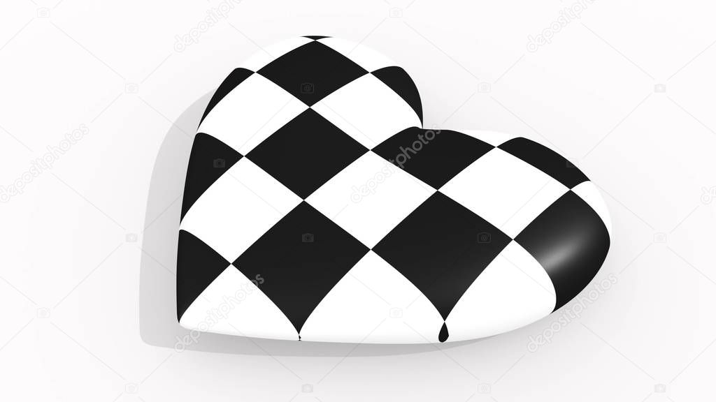 Heart in black and white checkerboard 3D rendering