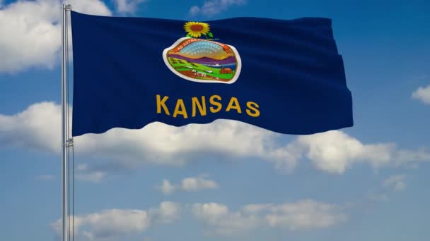 Bandera del estado de Kansas en el viento contra el cielo nublado — Vídeo de stock