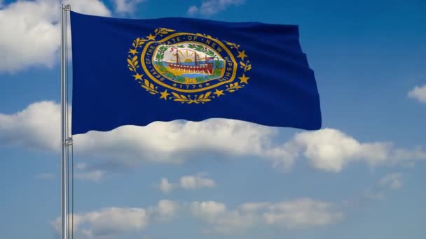 Bandera del Estado de New Hampshire en el viento contra el cielo nublado — Vídeo de stock