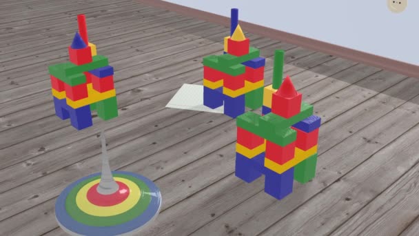 Дети спиннинг топ проходит между кубиками — стоковое видео