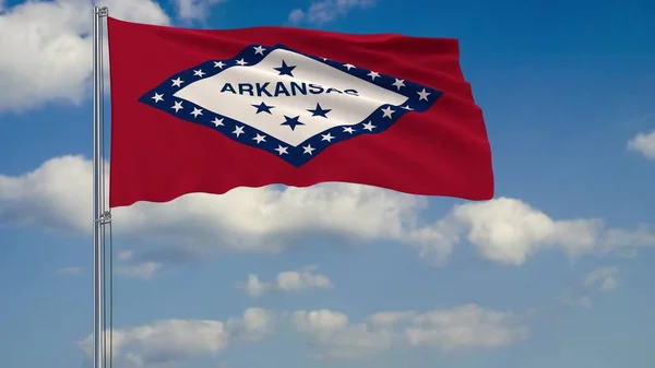 Arkansas State flagga i vinden mot molnig himmel 3d-rendering — Stockfoto