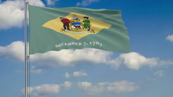 Rüzgara karşı bulutlu gökyüzü 3d render Delaware eyalet bayrağı — Stok fotoğraf