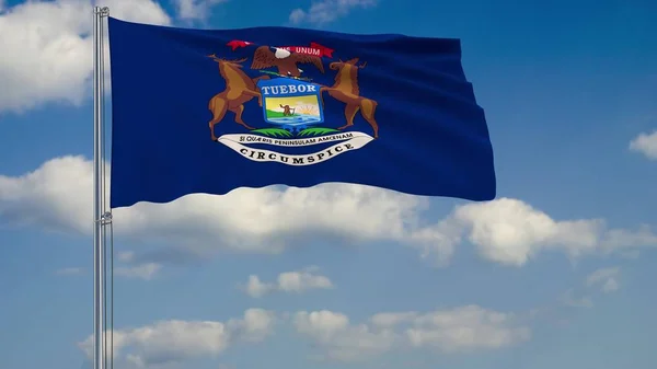 Bandera del estado de Michigan en el viento contra cielo nublado 3d renderizado — Foto de Stock