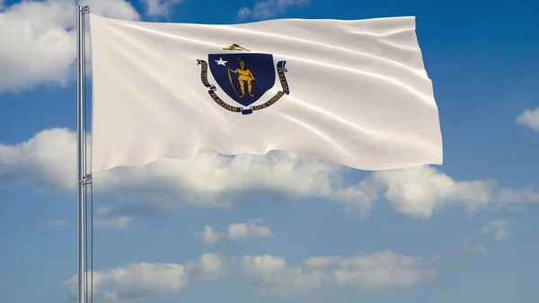 Bandera del estado de Massachusetts en el viento contra el cielo nublado 3d renderizado — Foto de Stock