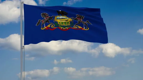 Rüzgara karşı bulutlu gökyüzü 3d render Pennsylvania Devlet bayrağı — Stok fotoğraf