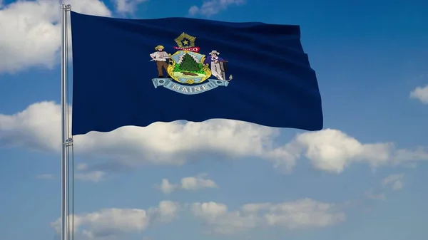 Bandera del estado de Maine en el viento contra el cielo nublado 3d renderizado — Foto de Stock